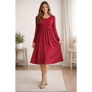 Daring Diva One Red Long Sleeve Round Neck, Empire Waist Midi Dress Size M